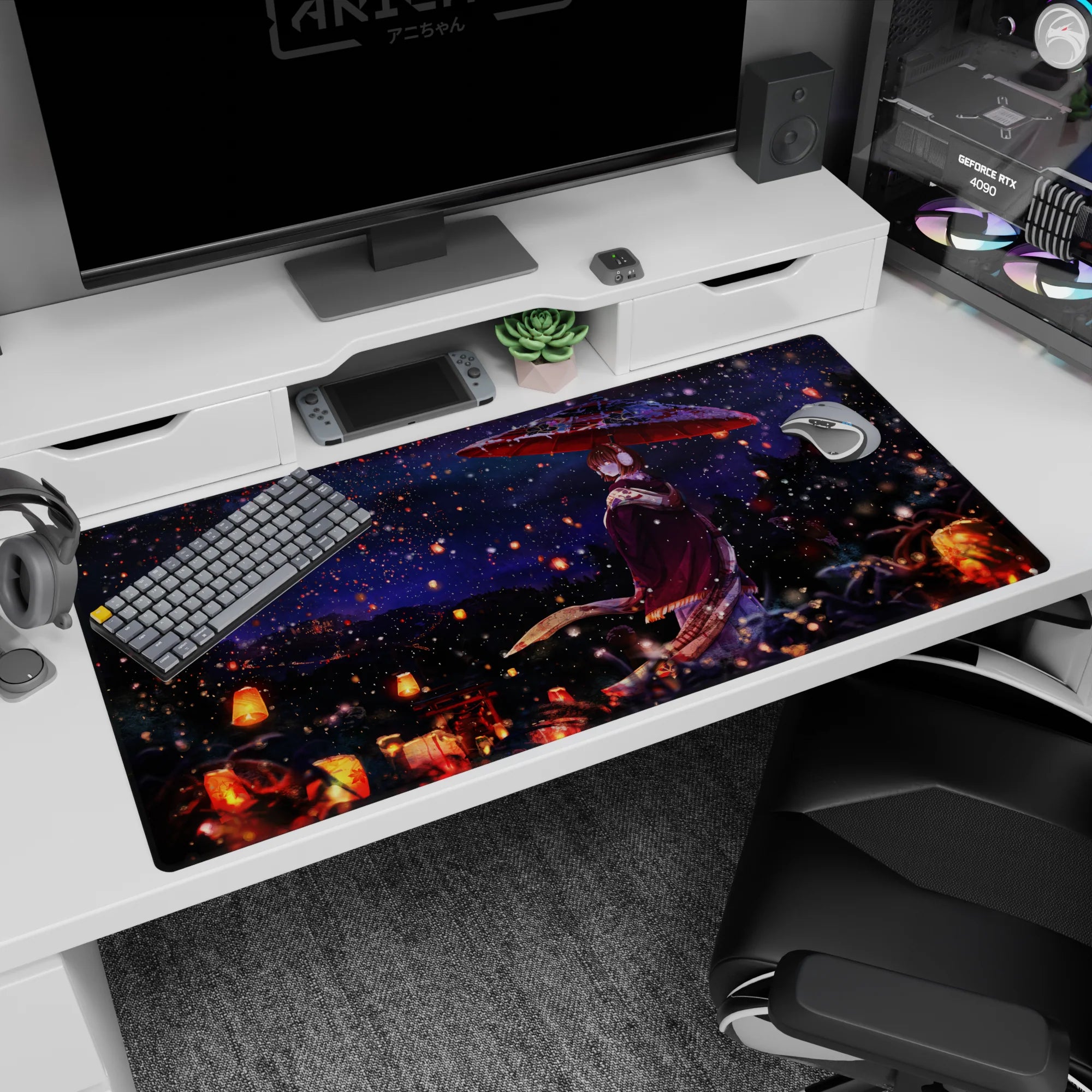 40x20 inches anime girl mouse pad showing shrine-night wanderer in plum kimono holding red parasol.