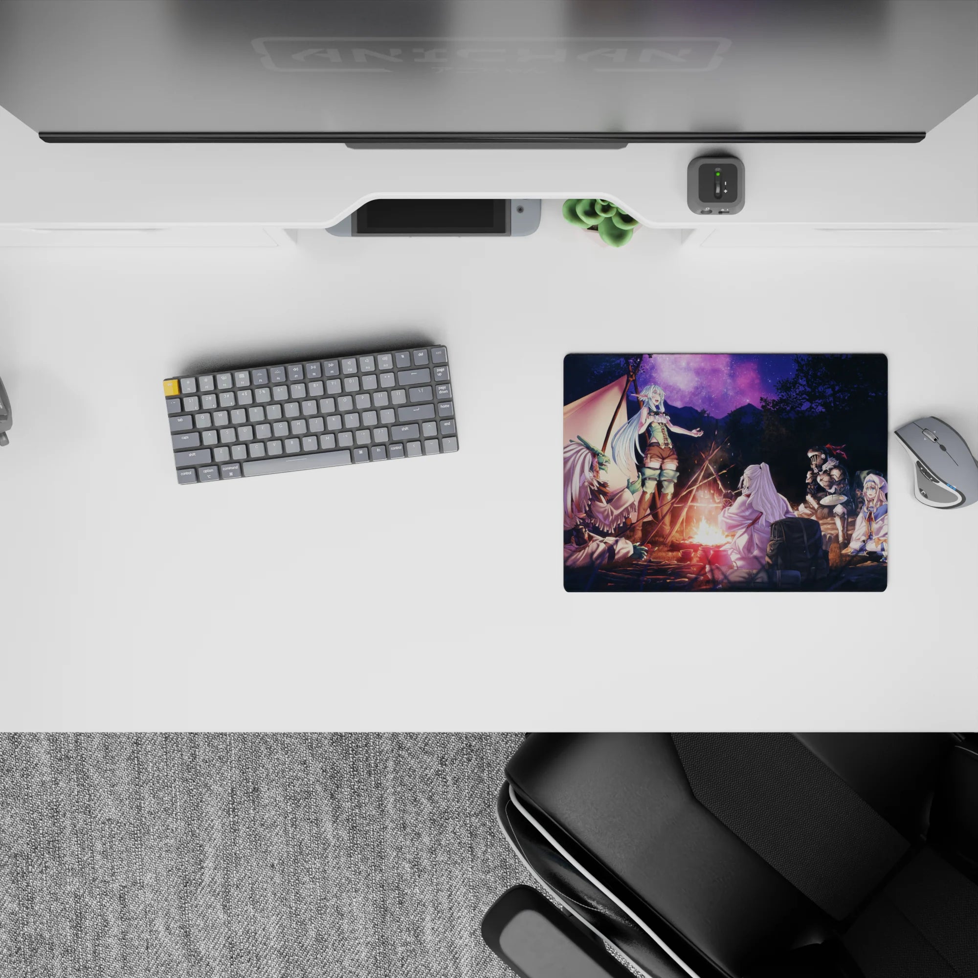 Violet night sky and warm firelight on a 14x10 inches classic anime mouse pad, calm cozy camp mood.