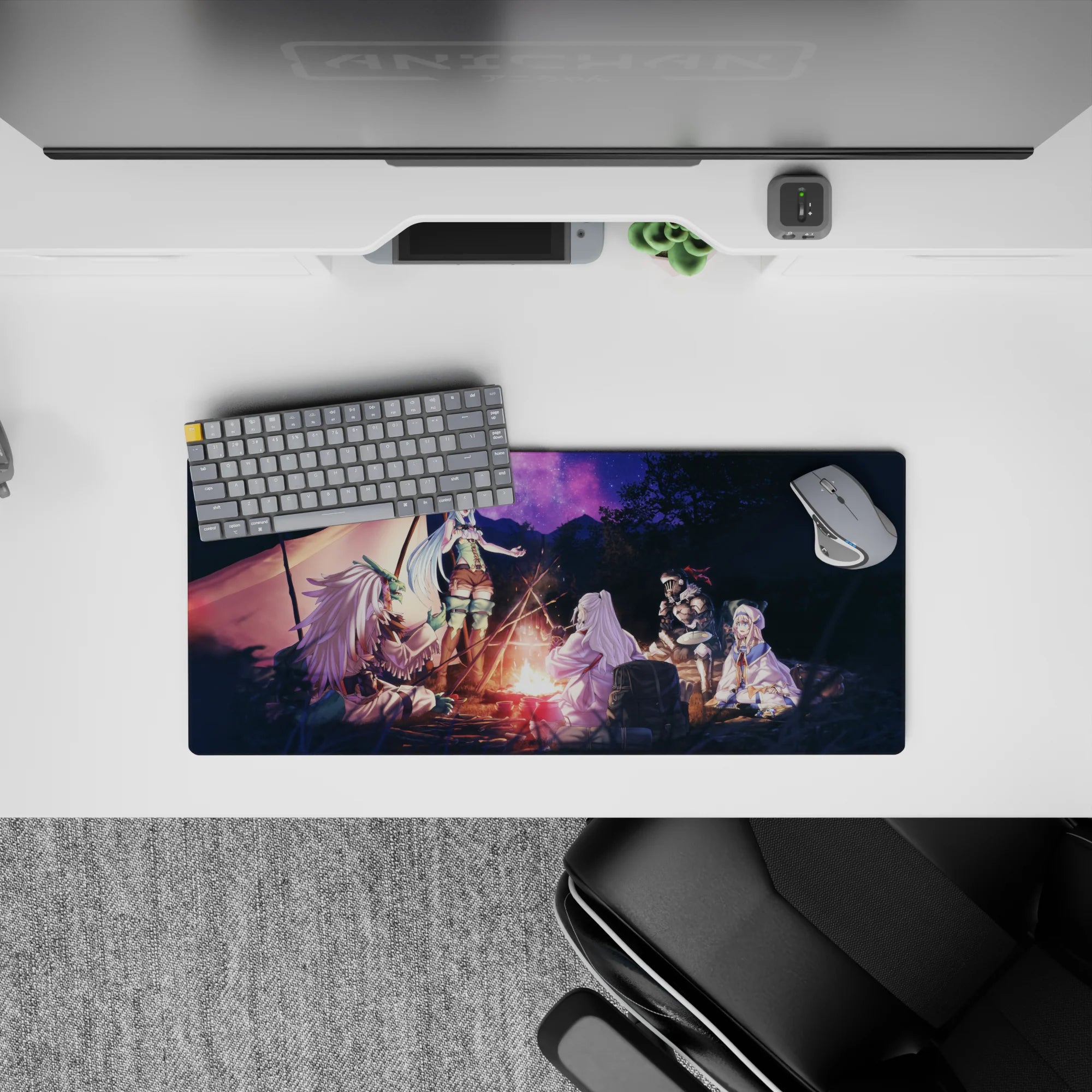 28x12 inches anime mouse pad in warm firelight and deep violet starry night, cozy RPG camp mood.