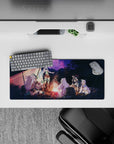 28x12 inches anime mouse pad in warm firelight and deep violet starry night, cozy RPG camp mood.