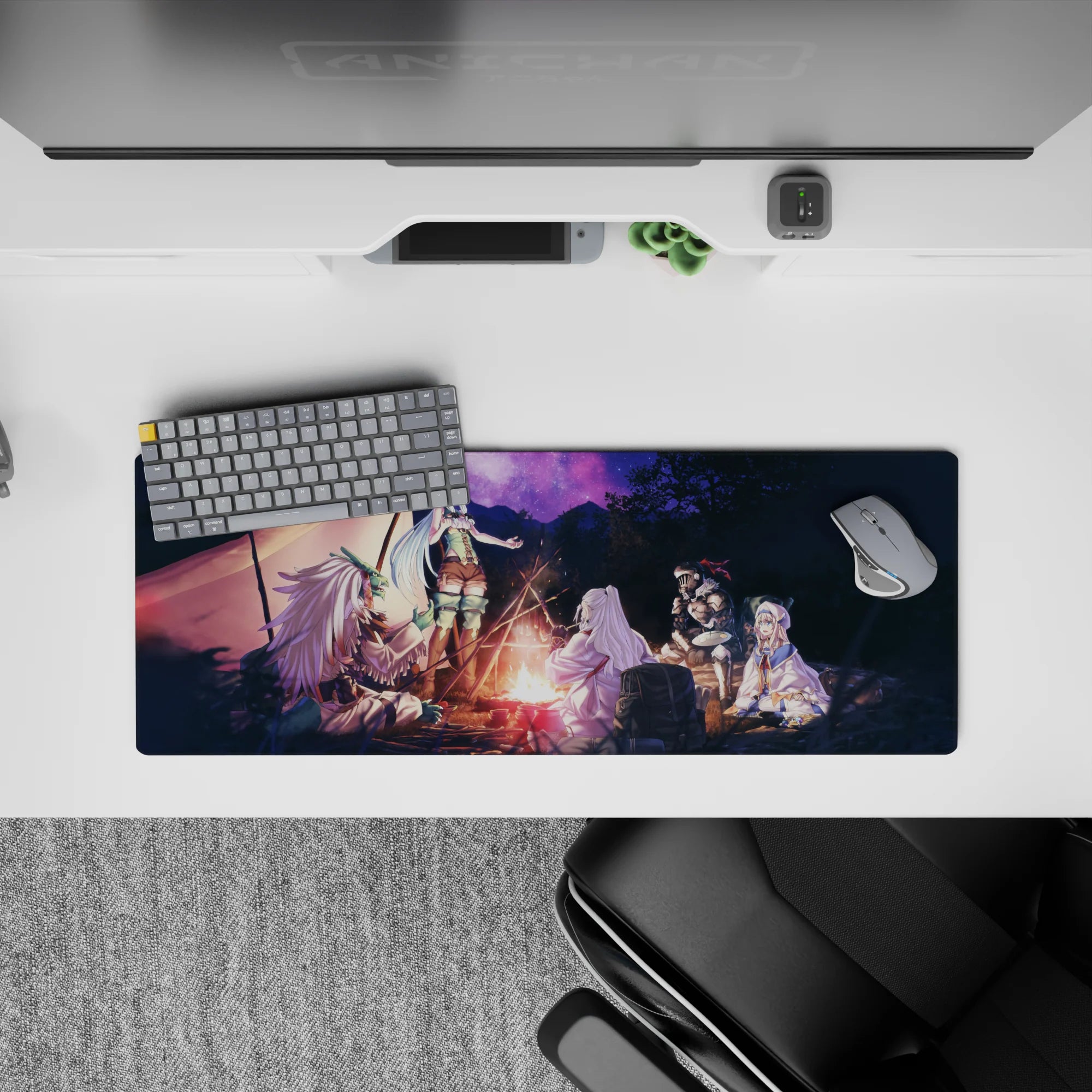 32x12 inches anime mouse pad in warm orange firelight and deep violet starry sky, cozy nighttime vibes.