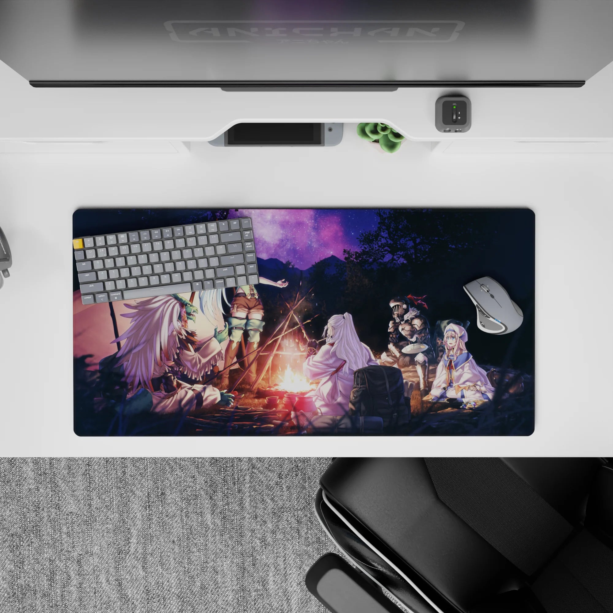 32x16 inches anime mouse pad in warm orange firelight under a deep violet starry sky, cozy mood.