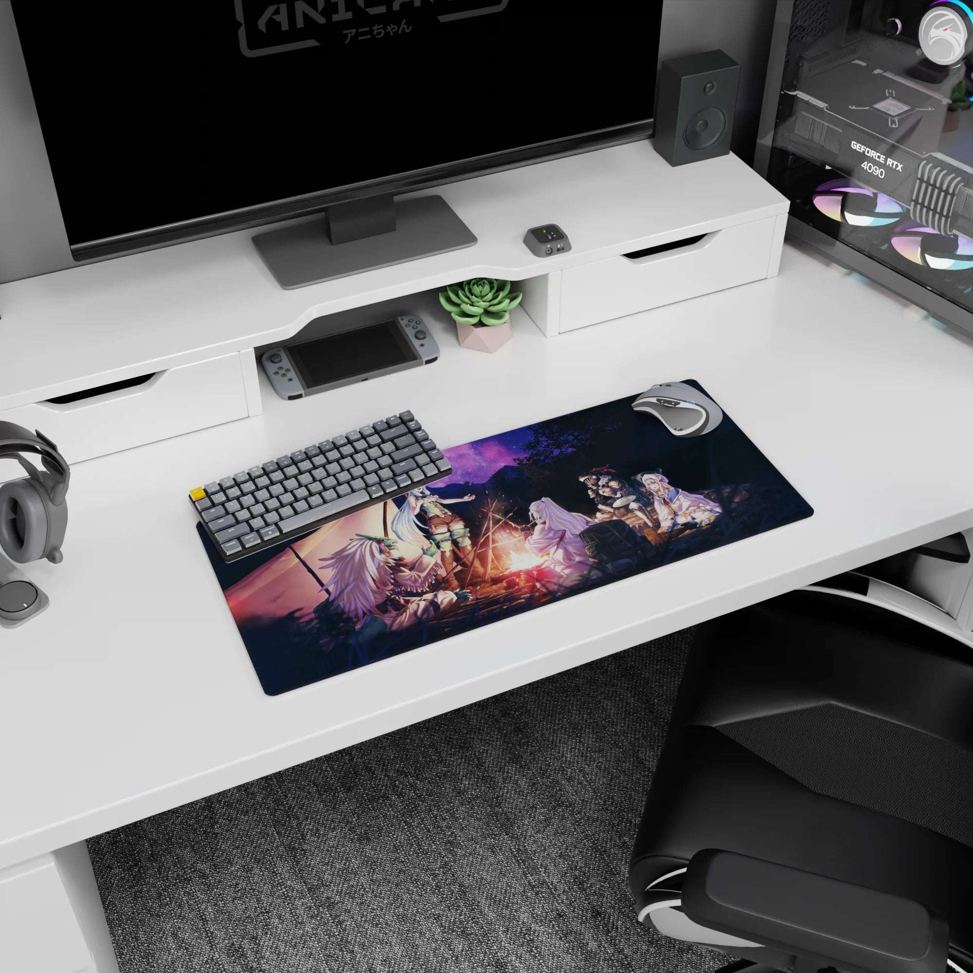 28x12 inches anime mouse pad showing silver-haired adventurer laughing by campfire with armored knight nearby.