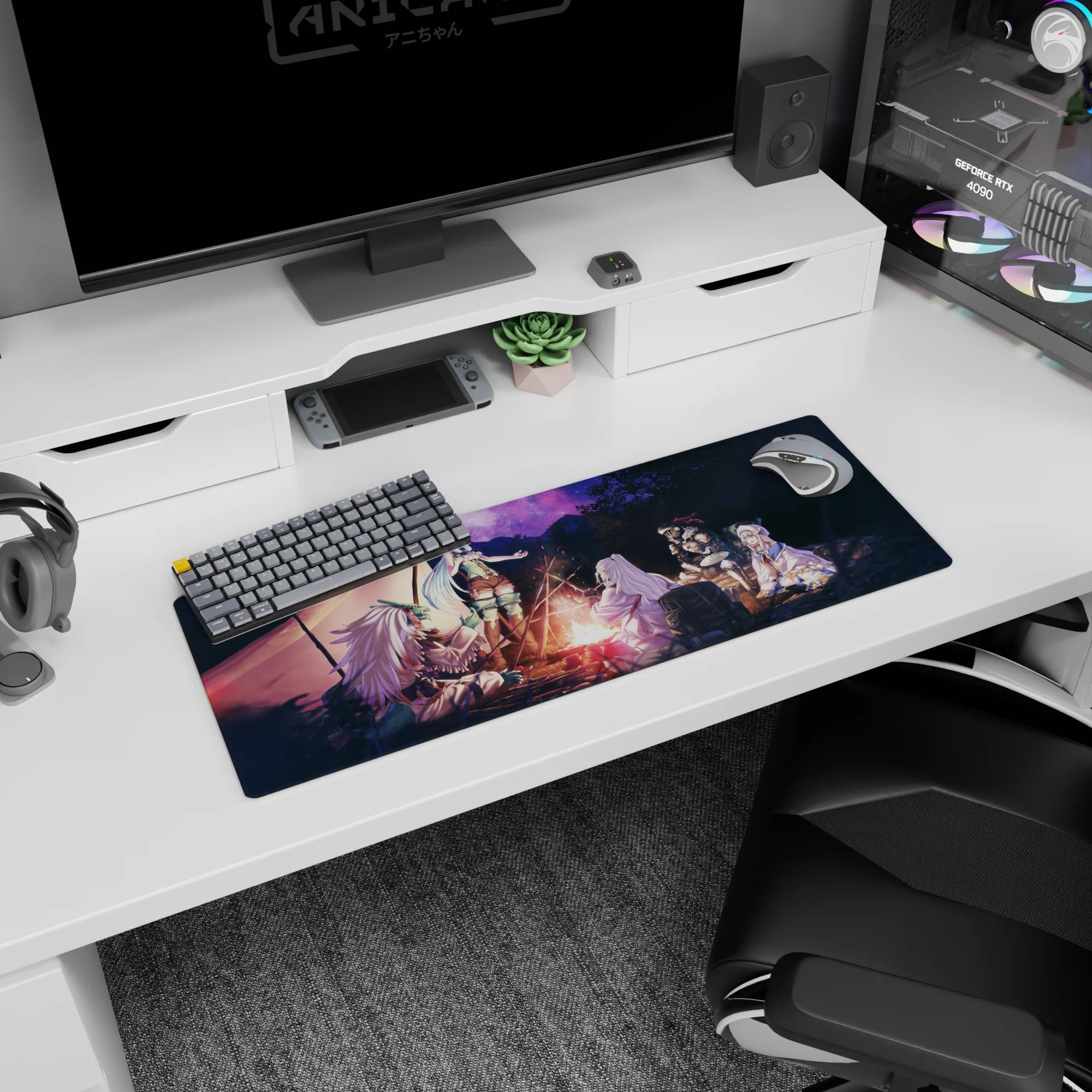32x12 inches anime mouse pad featuring a silver-haired adventurer laughing by the campfire with a resting knight.