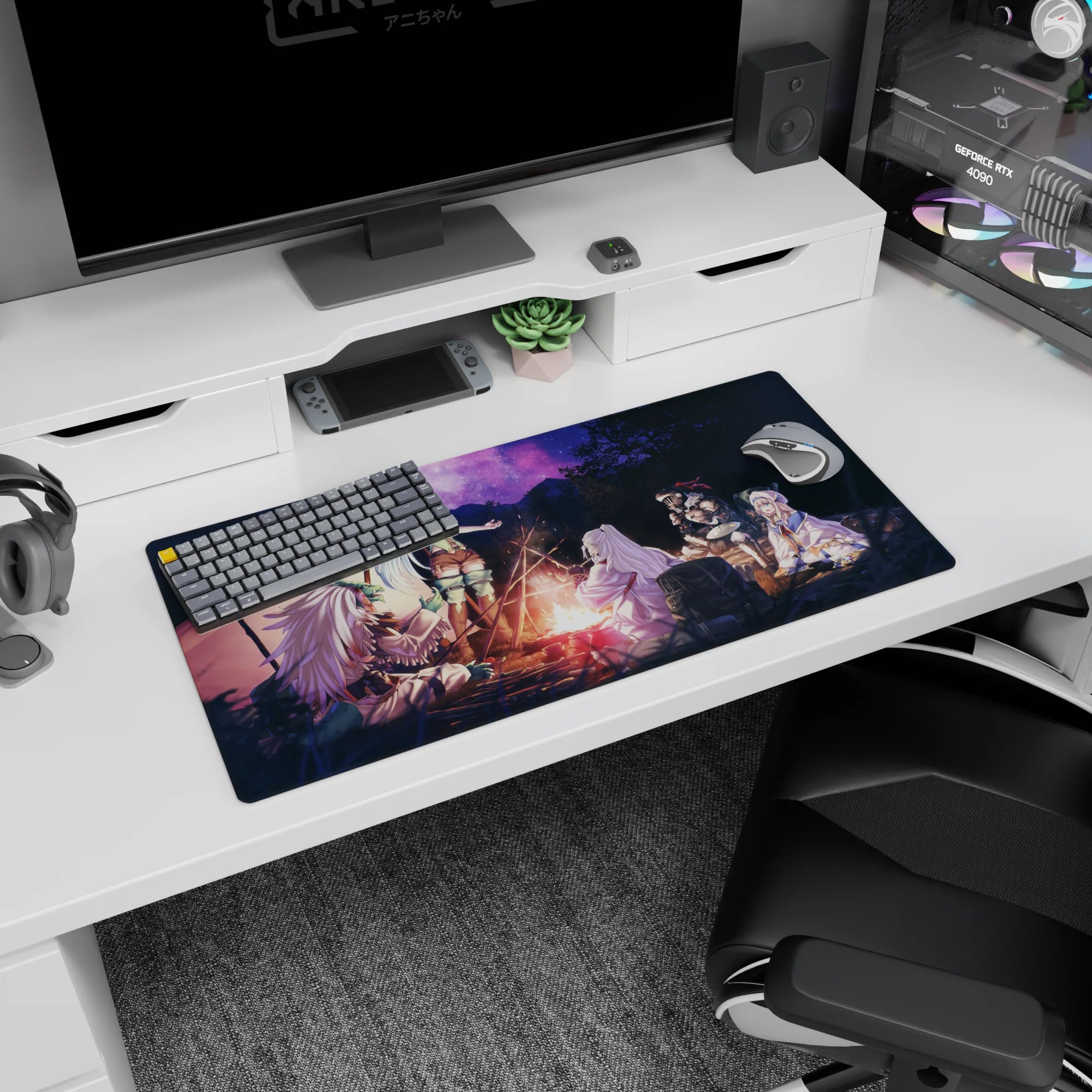 32x16 inches anime mouse pad featuring a silver-haired adventurer laughing by the campfire with party.