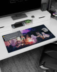 32x16 inches anime mouse pad featuring a silver-haired adventurer laughing by the campfire with party.