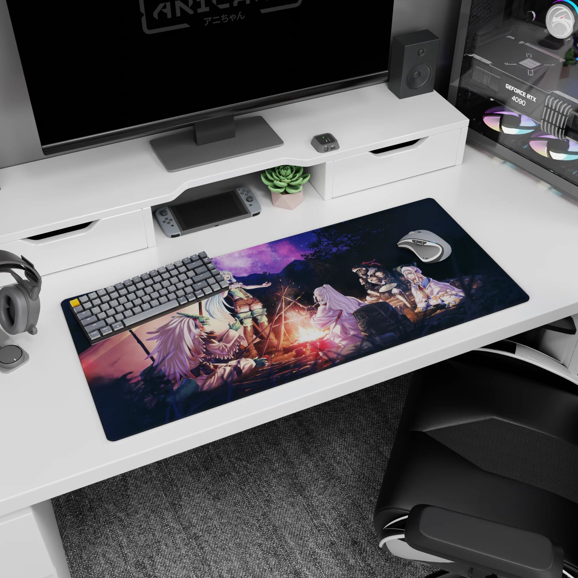 36x16 inches anime desk pad showing silver-haired adventurer laughing by the campfire, cape and corset.
