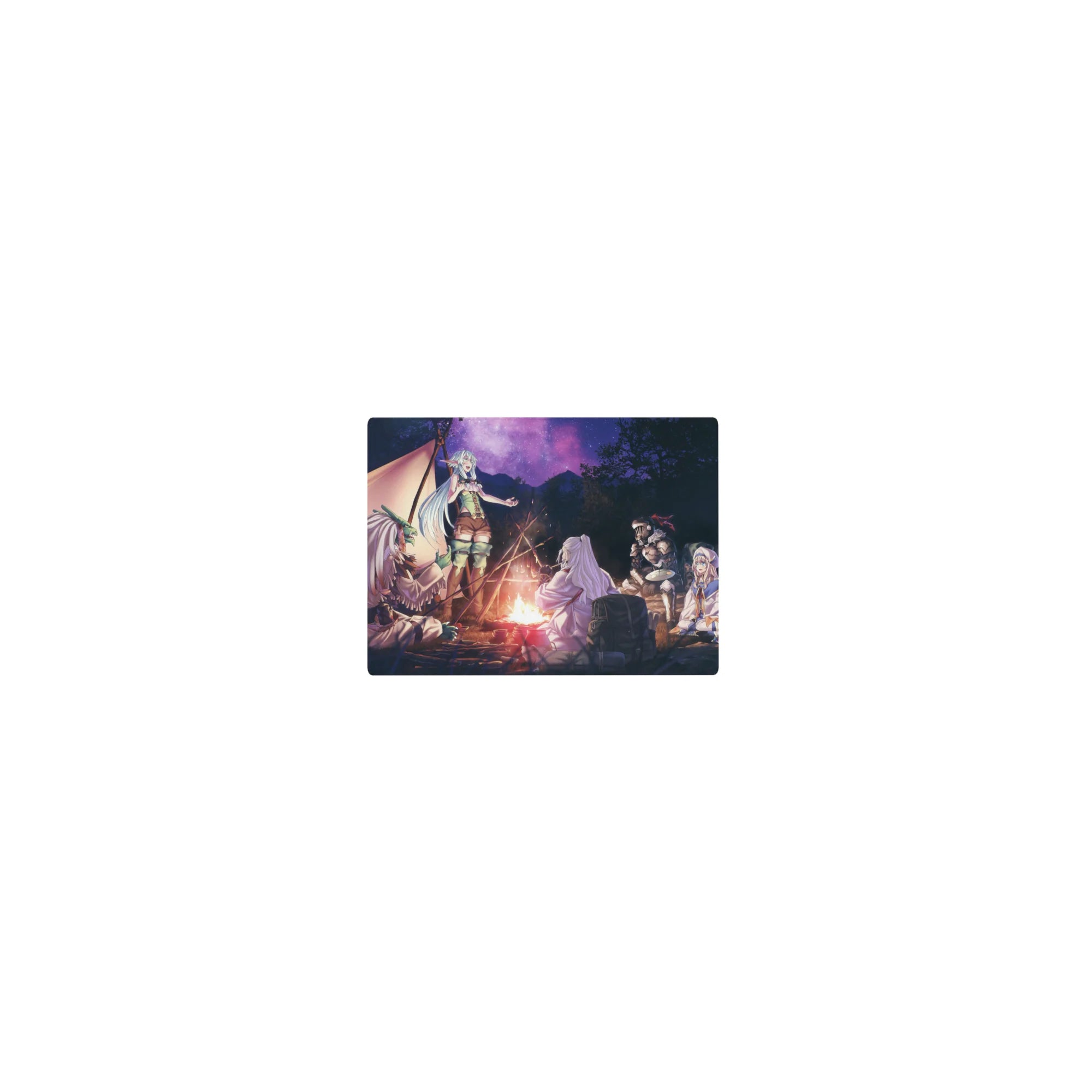 Classic anime mouse pad 14x10 inches with fantasy party at a campfire under stars, tents and trees.