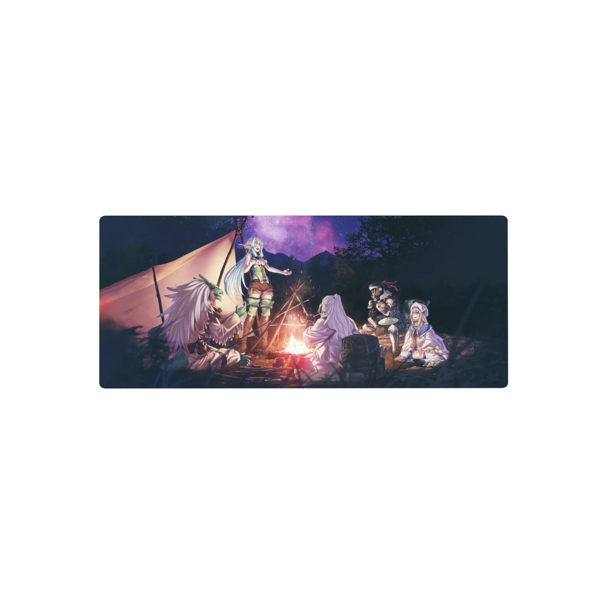 28x12 inches anime mouse pad with fantasy campfire party, silver-haired adventurer, knight, mage, cleric.