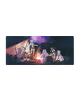 28x12 inches anime mouse pad with fantasy campfire party, silver-haired adventurer, knight, mage, cleric.
