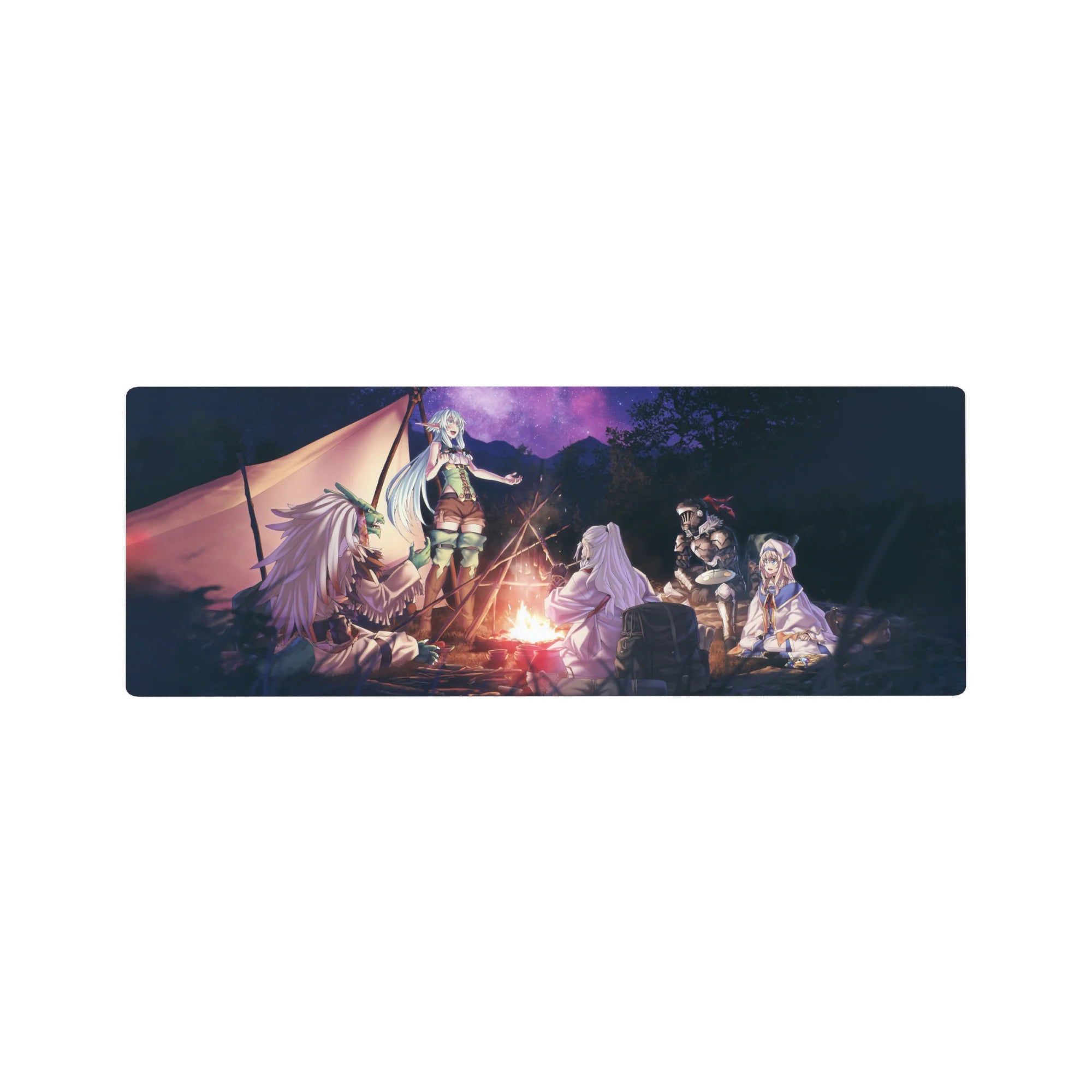 32x12 inches anime mouse pad with fantasy campfire party, adventurer, knight, mage, and cleric at night.