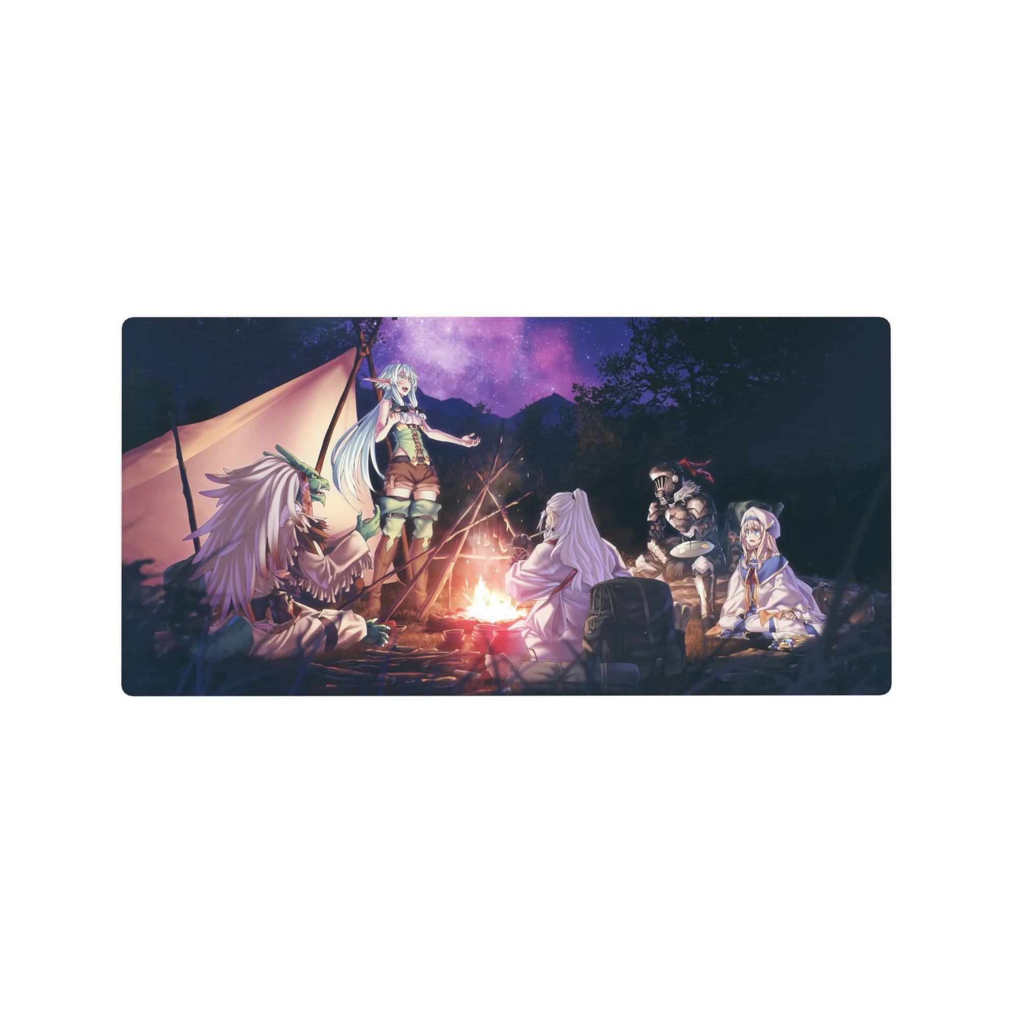 32x16 inches anime mouse pad with fantasy campfire party scene, tents, trees, knight, mage, cleric.