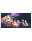 32x16 inches anime mouse pad with fantasy campfire party scene, tents, trees, knight, mage, cleric.