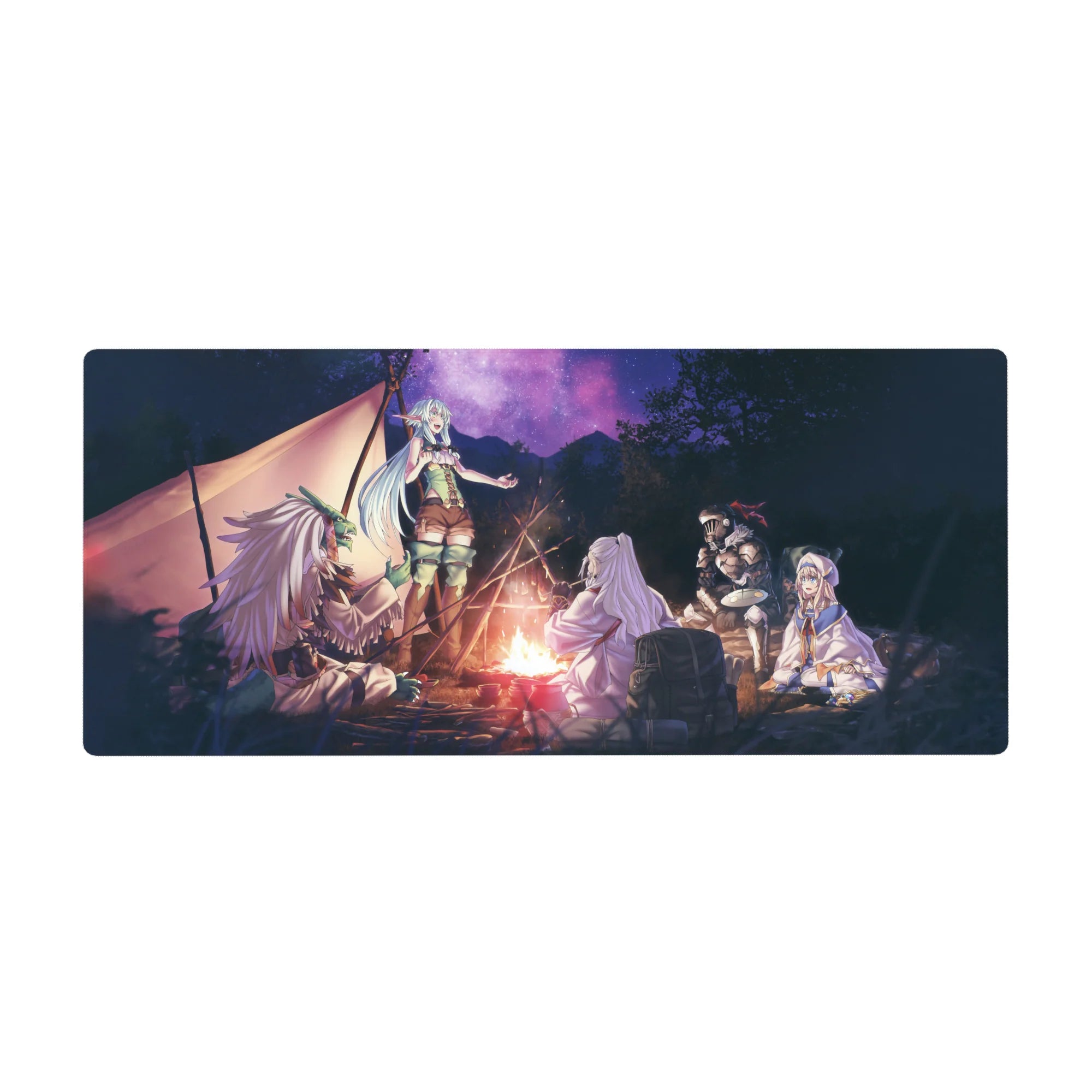 Anime desk pad 36x16 inches with fantasy campfire party, tents and trees, knight mage and cleric.