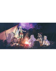 Anime desk pad 36x16 inches with fantasy campfire party, tents and trees, knight mage and cleric.