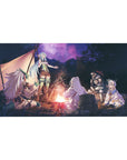 40x20 inches anime desk pad with cozy night campfire party scene, tents, trees, and fantasy heroes.