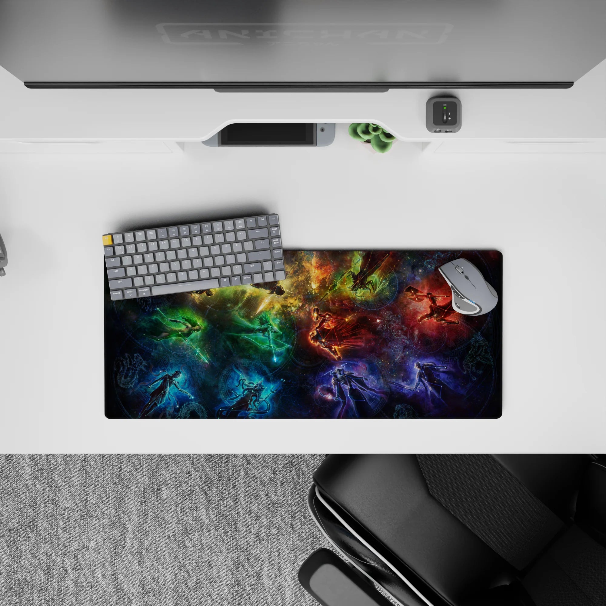 Smoky teal, deep blue, and ember red 28x12 inches mouse pad with a dramatic yet cozy vibe.