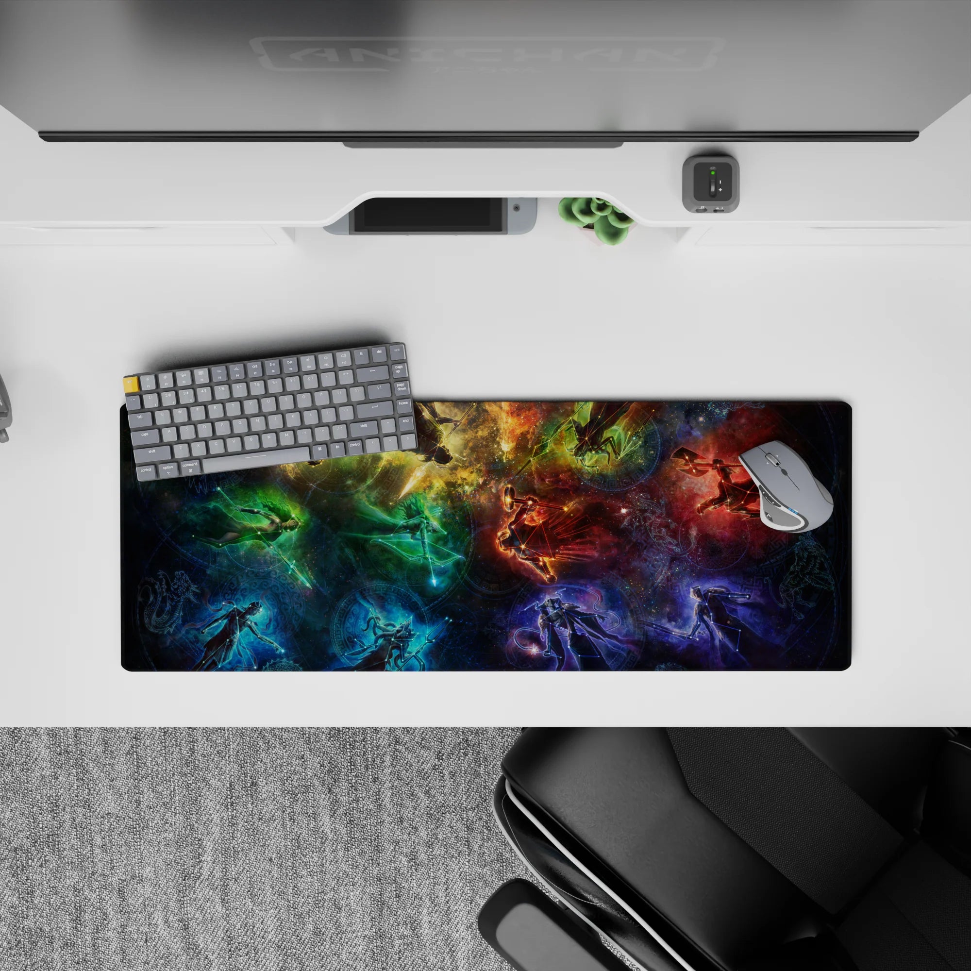 Smoky teal and deep blue mouse pad 32x12 inches with ember red accents, cozy dramatic vibe.