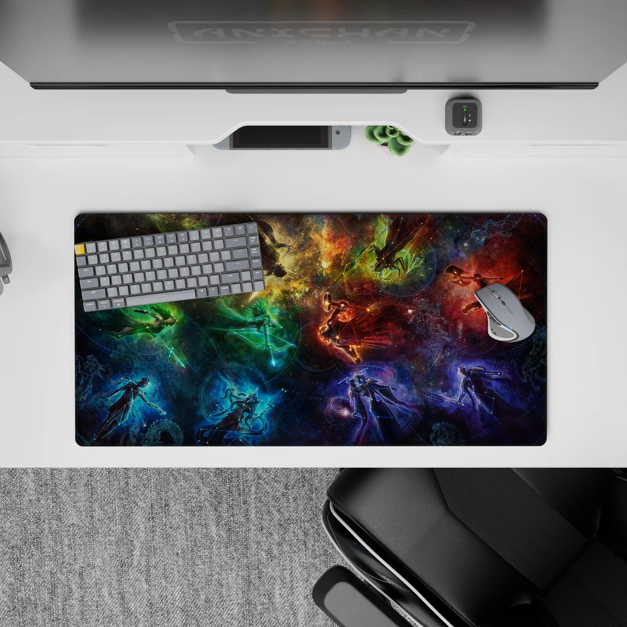 Smoky teal, deep blue, and ember red cosmic mouse pad, 32x16 inches, moody and cozy.