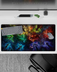 Smoky teal, deep blue, and ember red cosmic mouse pad, 32x16 inches, moody and cozy.