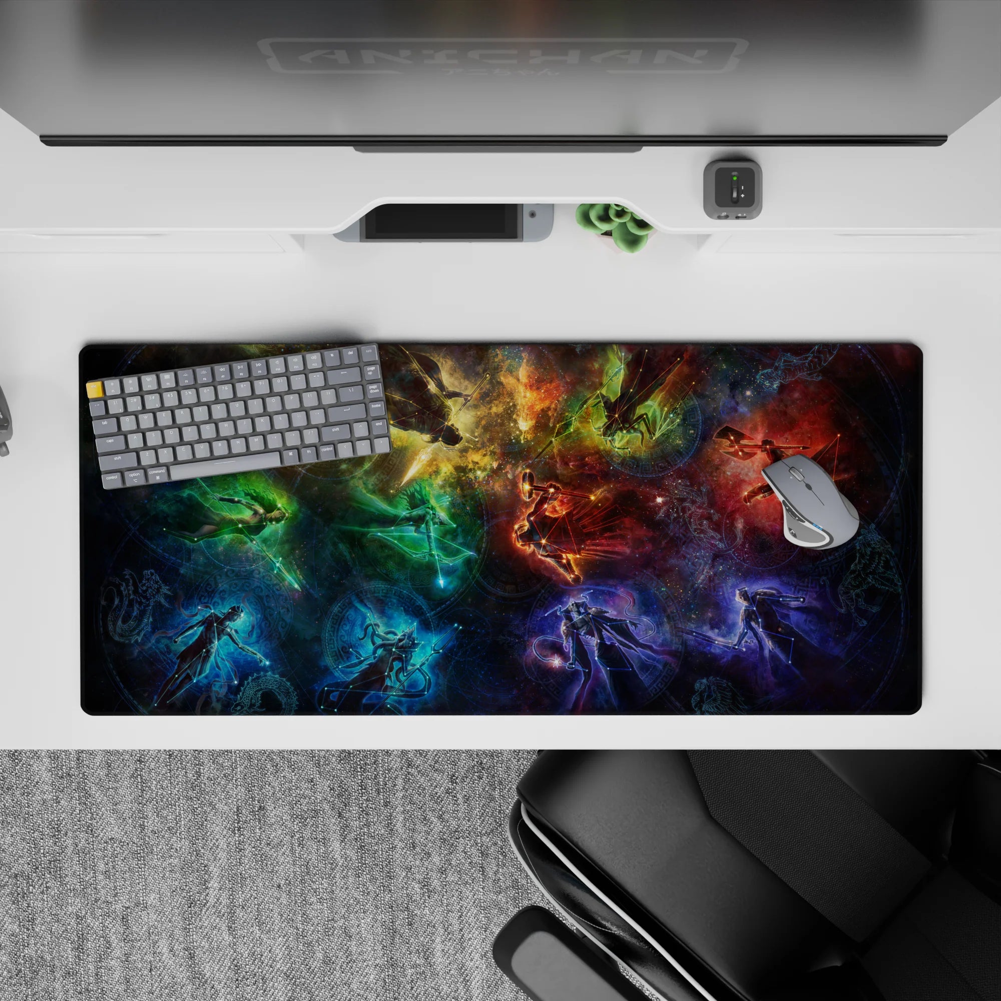 Moody teal, deep blue, and ember red desk pad 36x16 inches with smoky stardust vibes and cozy drama.