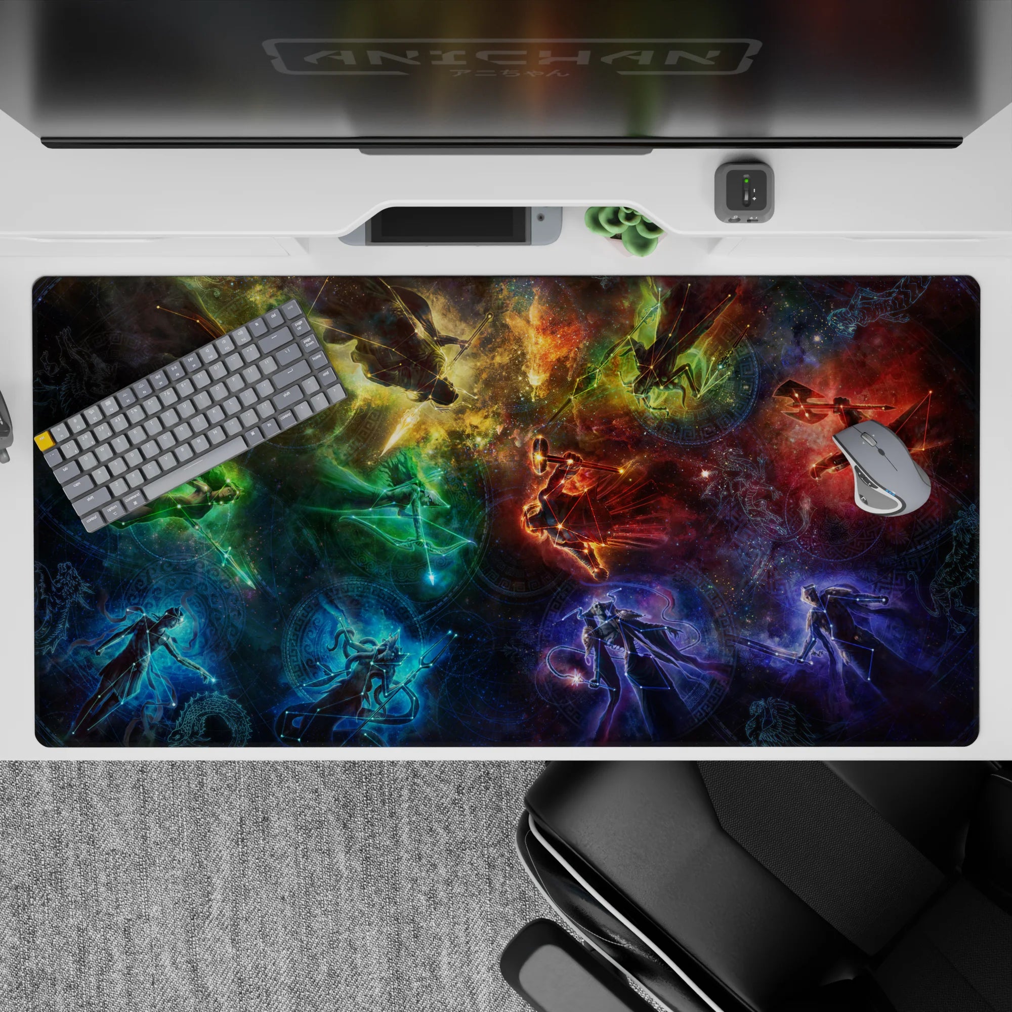 Moody teal, deep blue, and ember red desk pad 40x20 inches with a dramatic cozy cosmic vibe.