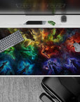 Moody teal, deep blue, and ember red desk pad 40x20 inches with a dramatic cozy cosmic vibe.