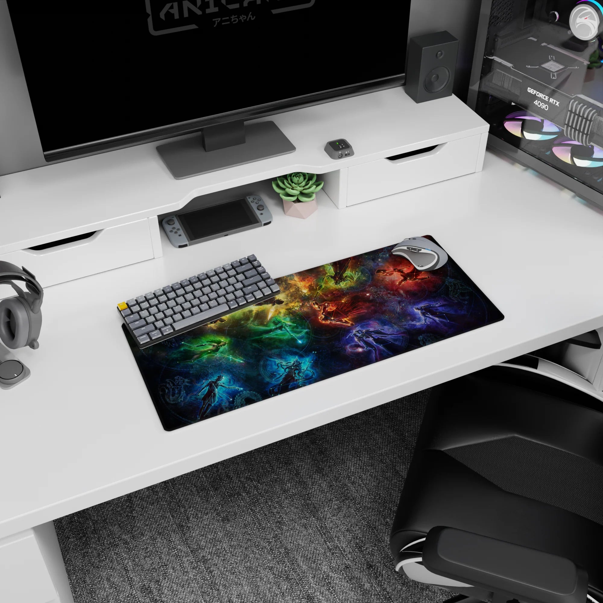 Glowing silhouettes drifting through stardust on a 28x12 inches mouse pad with hidden rune circles.
