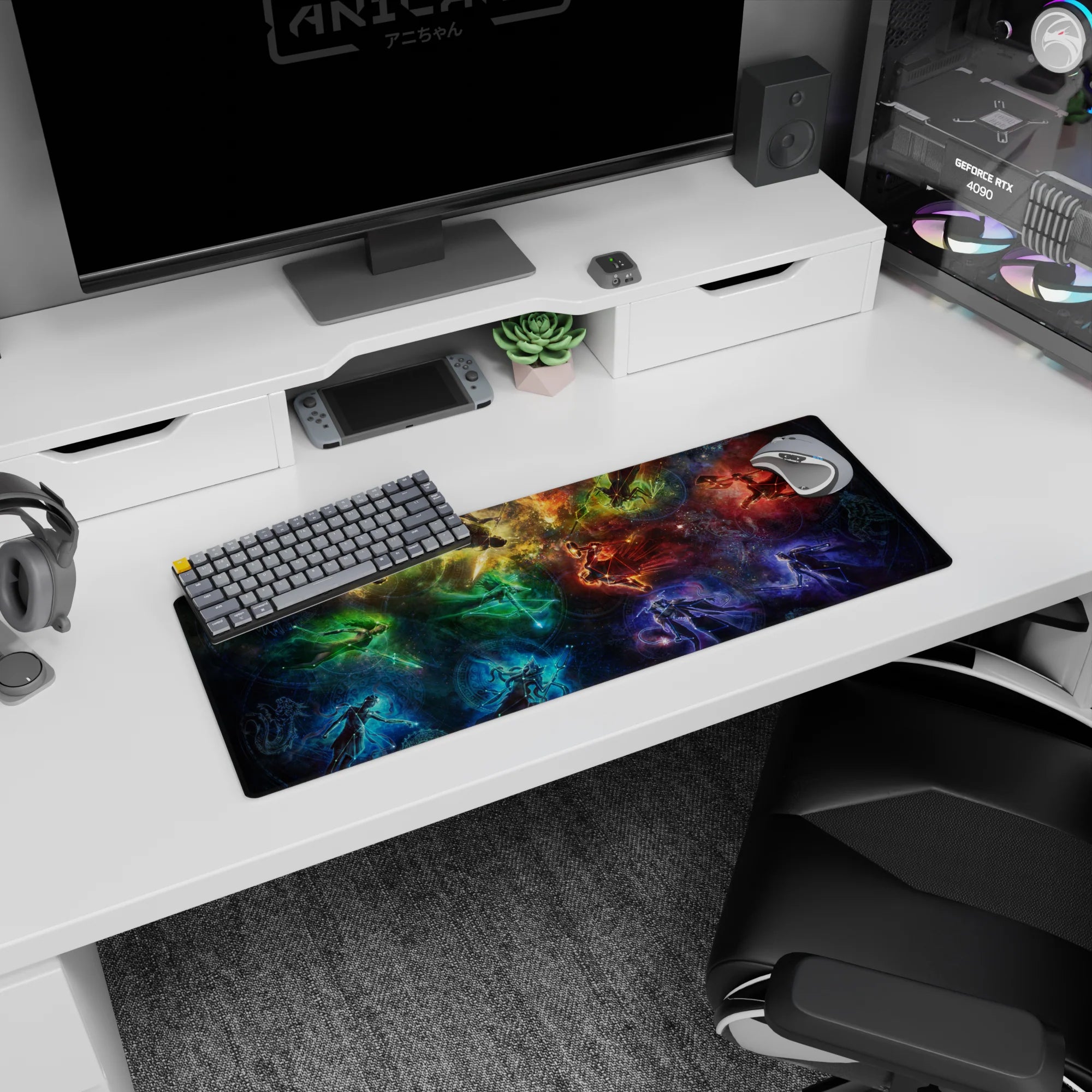 Stardust-in-motion scene mouse pad 32x12 inches with drifting glowing figures over cosmic haze.