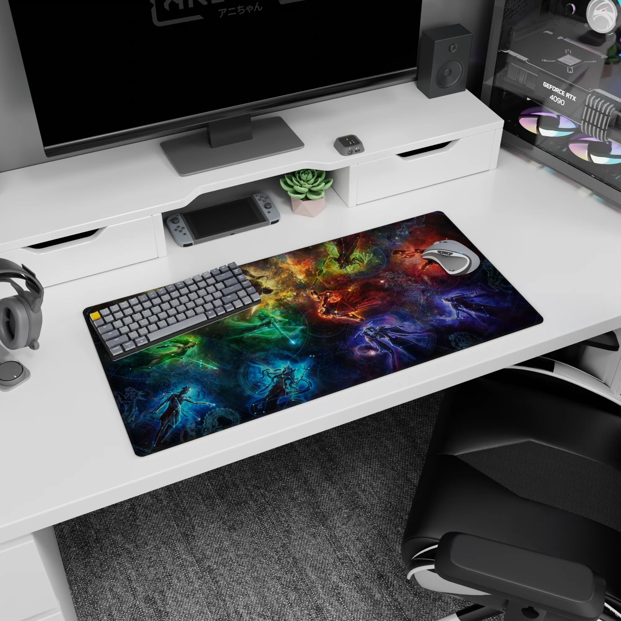 Glowing drifting figures on a stardust scene mouse pad, 32x16 inches, with faint circular runes.