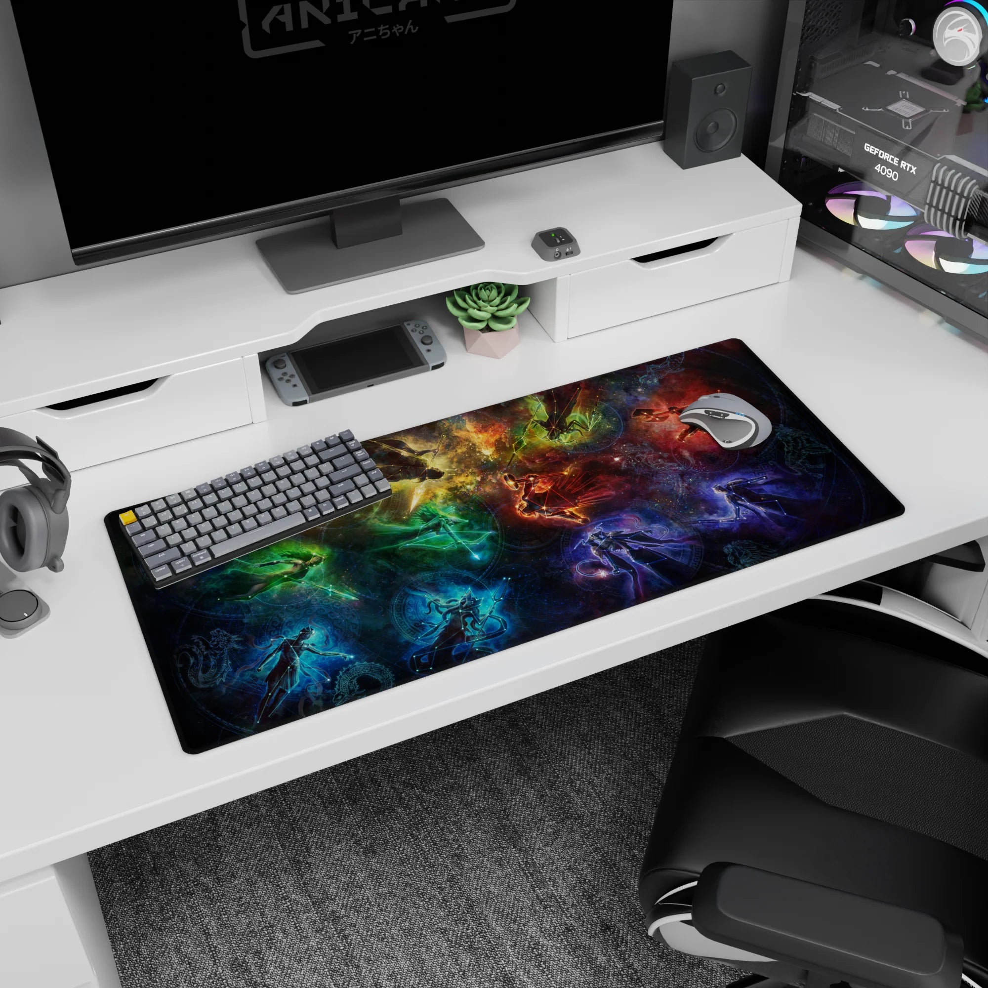Glowing drifting figures over a stardust sky desk pad 36x16 inches with hidden rune circles in the background.