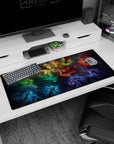Glowing drifting figures over a stardust sky desk pad 36x16 inches with hidden rune circles in the background.