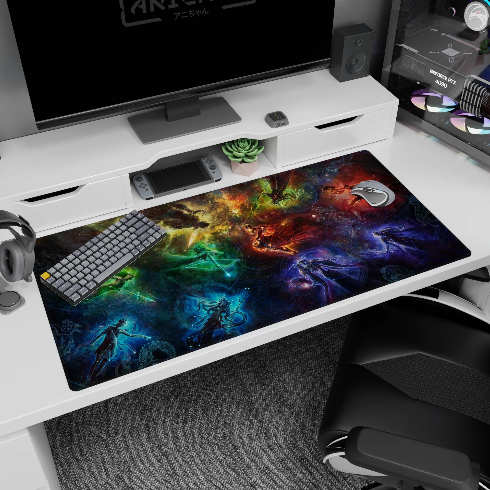 Desk pad 40x20 inches showing glowing silhouettes drifting through stardust with faint circular runes.