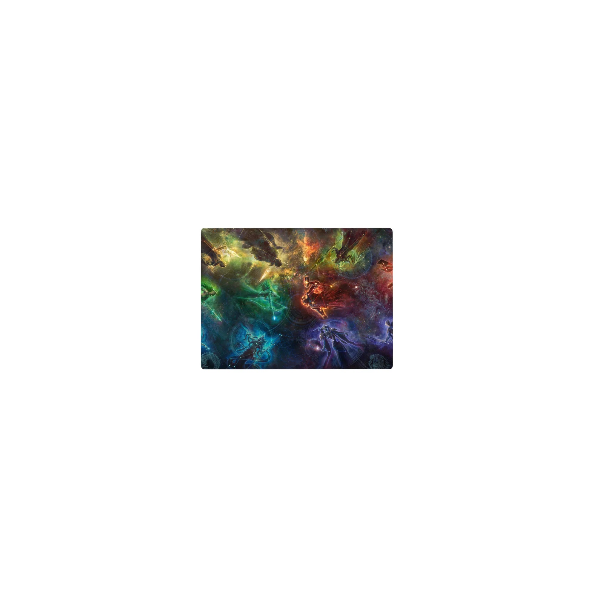 Galaxy swirl classic mouse pad 14x10 inches with glowing silhouettes and subtle rune circles.
