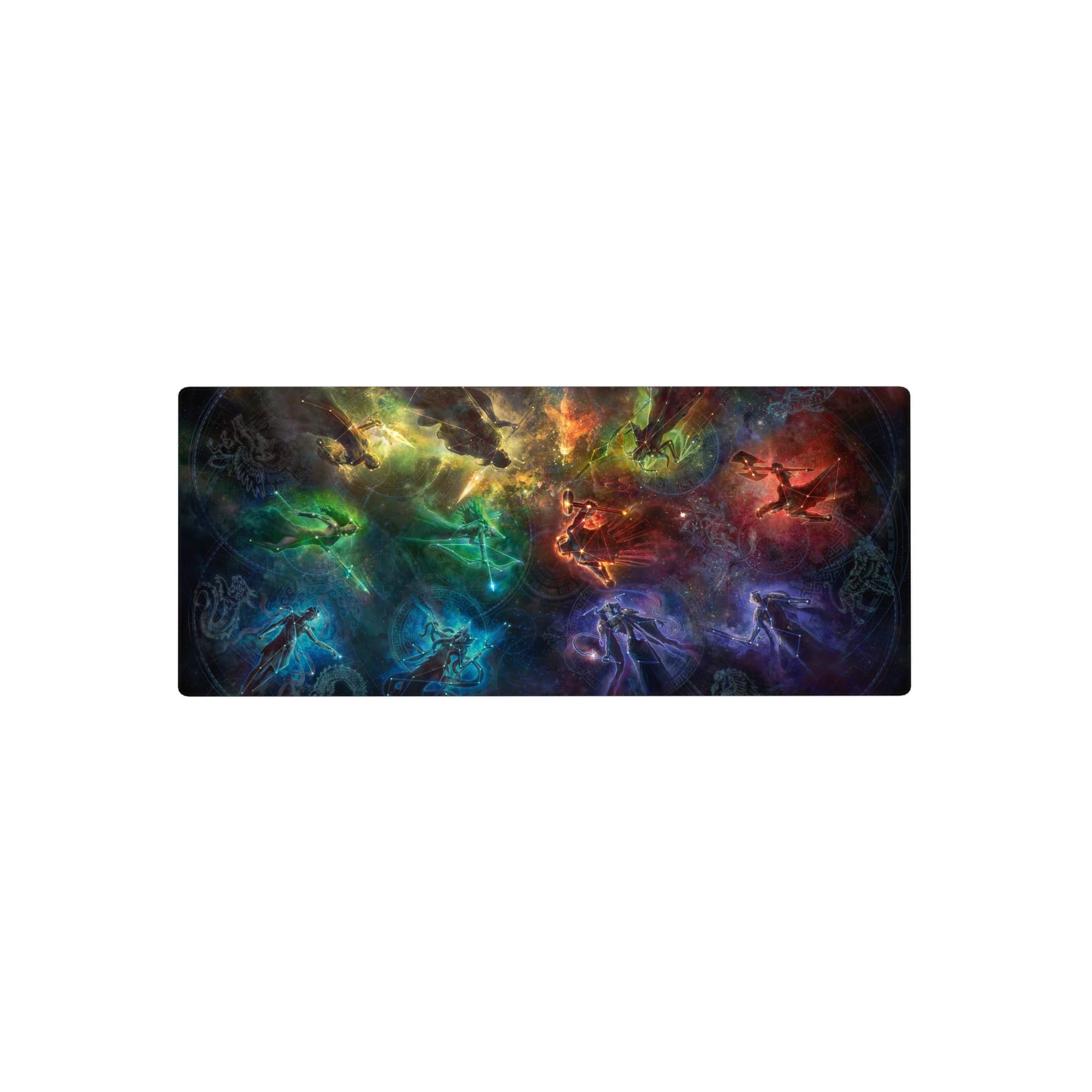 Galaxy swirl desk mouse pad 28x12 inches with glowing silhouettes and subtle circular runes.