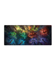 Galaxy swirl desk mouse pad 28x12 inches with glowing silhouettes and subtle circular runes.