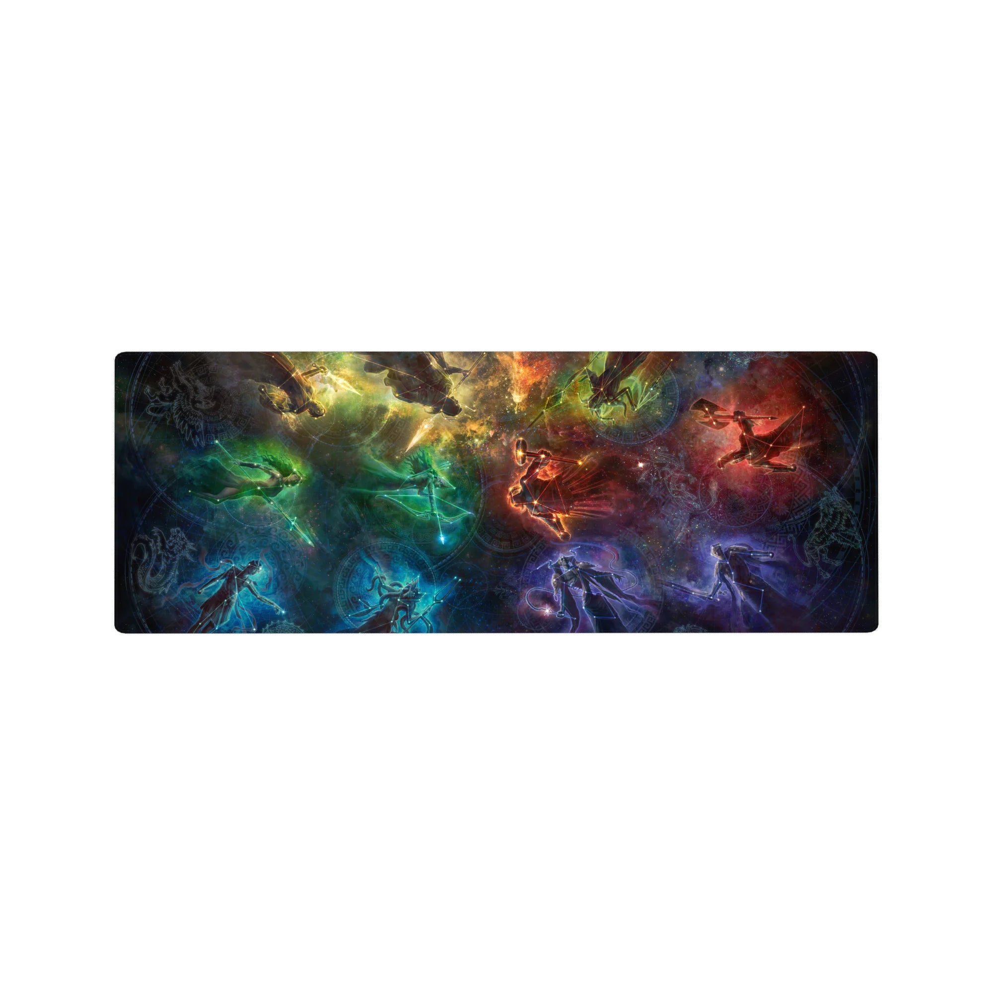 Galaxy swirl desk mouse pad 32x12 inches with glowing silhouettes and subtle rune circles.