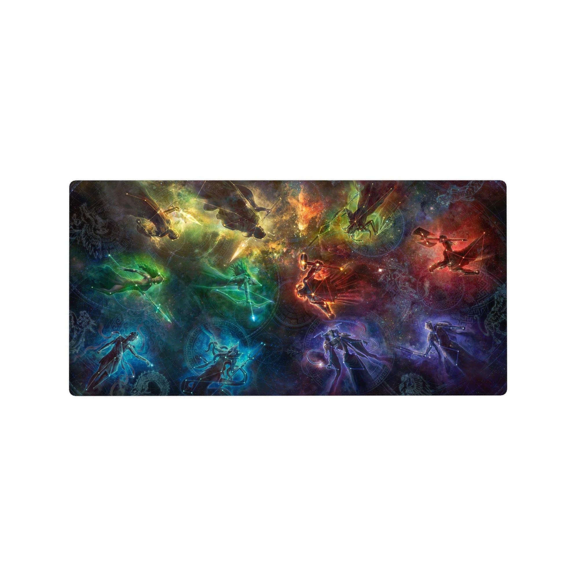 Galaxy swirl desk mouse pad, 32x16 inches, with glowing silhouettes and subtle rune circles.