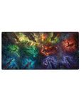 Galaxy swirl desk mouse pad, 32x16 inches, with glowing silhouettes and subtle rune circles.