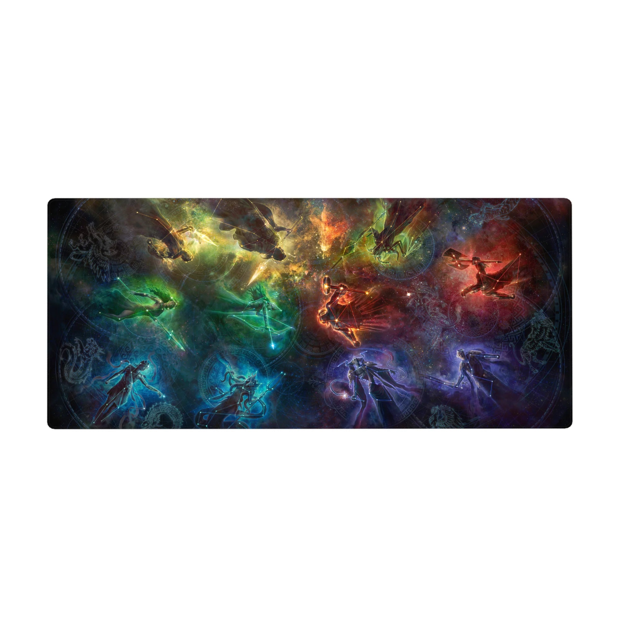 Galaxy swirl desk pad 36x16 inches with glowing silhouettes and subtle circular runes on a cosmic pattern.