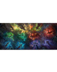 Galaxy swirl desk pad 36x16 inches with glowing silhouettes and subtle circular runes on a cosmic pattern.