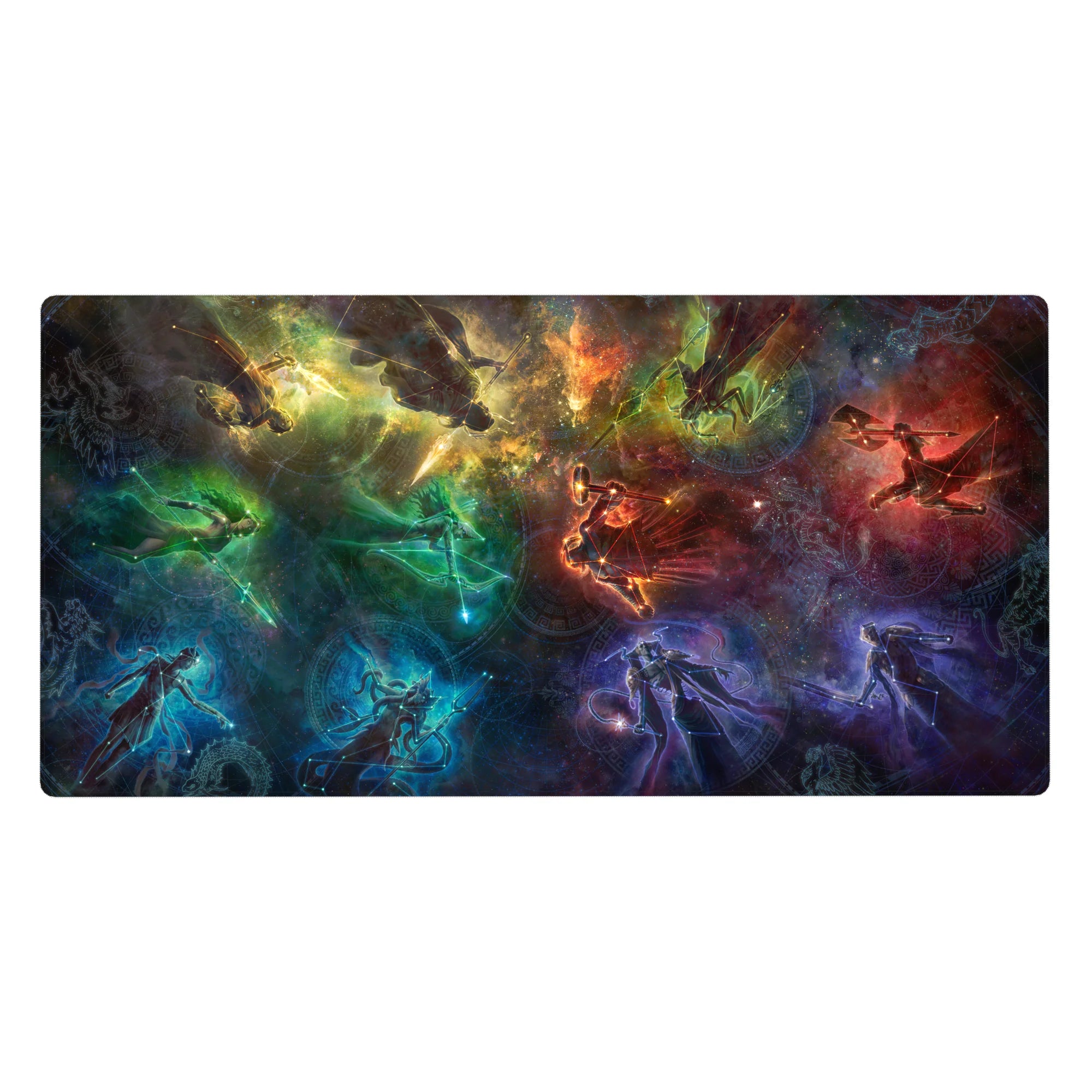 Galaxy swirl desk pad 40x20 inches with glowing silhouettes, smoky runes, and stardust motion.