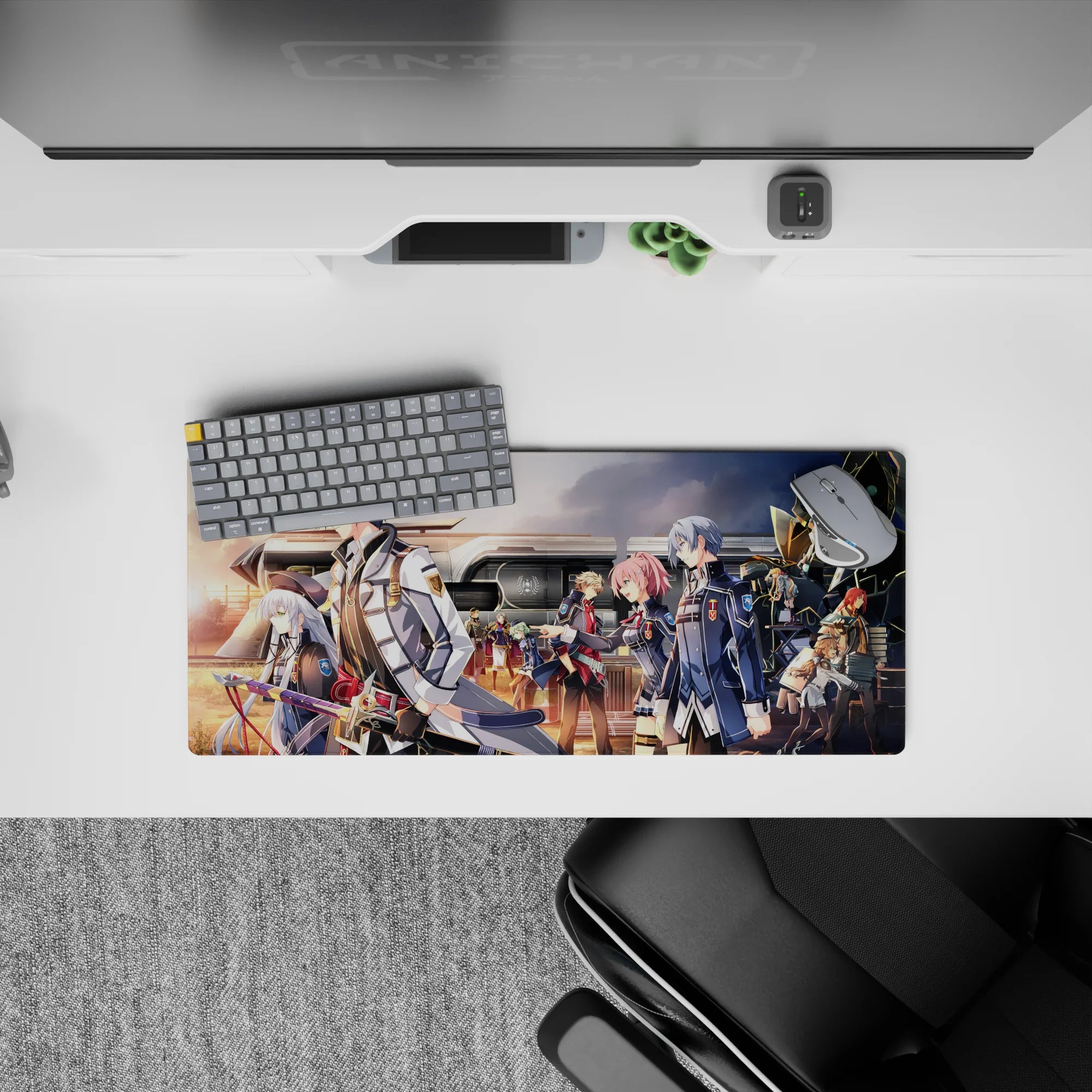 Anime mouse pad 28x12 inches in warm orange sunset tones, navy coats with steel trim, calm heroic mood.