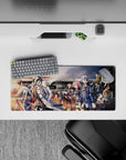 Anime mouse pad 28x12 inches in warm orange sunset tones, navy coats with steel trim, calm heroic mood.