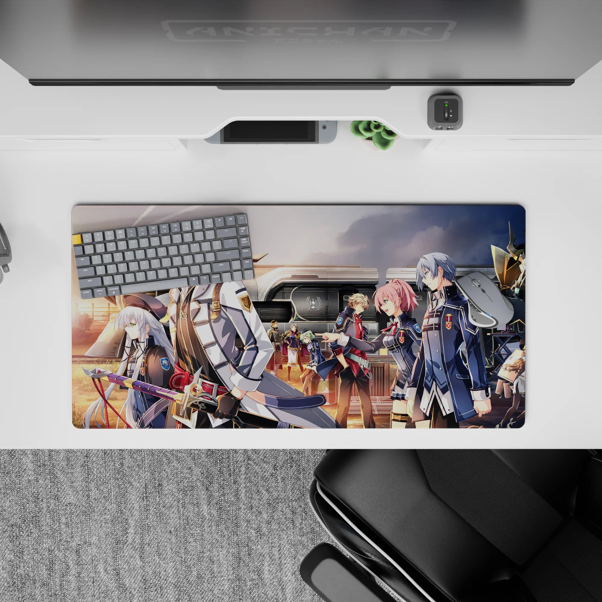 Anime mouse pad 32x16 inches in warm orange sunset glow, navy coats, steel trim, silver and rose hair.