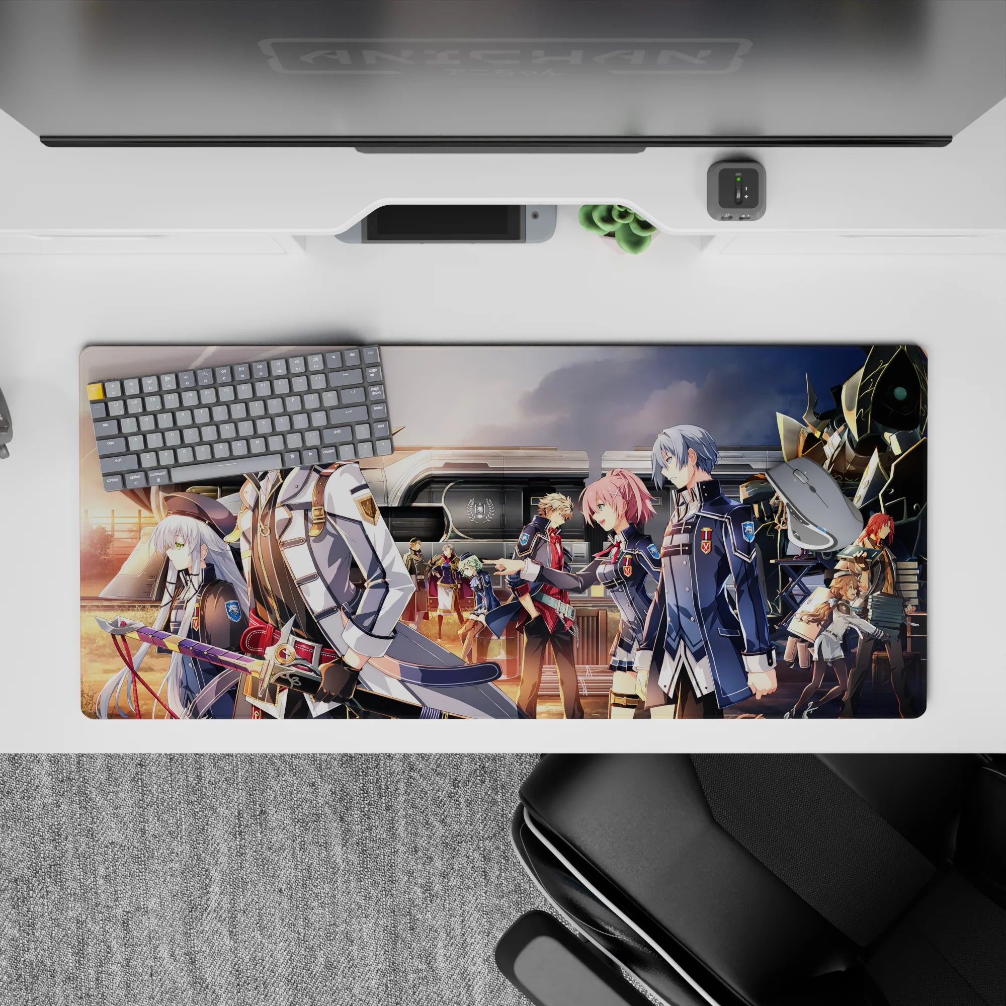 36x16 inches anime mouse pad in warm orange sunset glow with navy coats, silver and pink hair accents.
