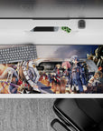36x16 inches anime mouse pad in warm orange sunset glow with navy coats, silver and pink hair accents.