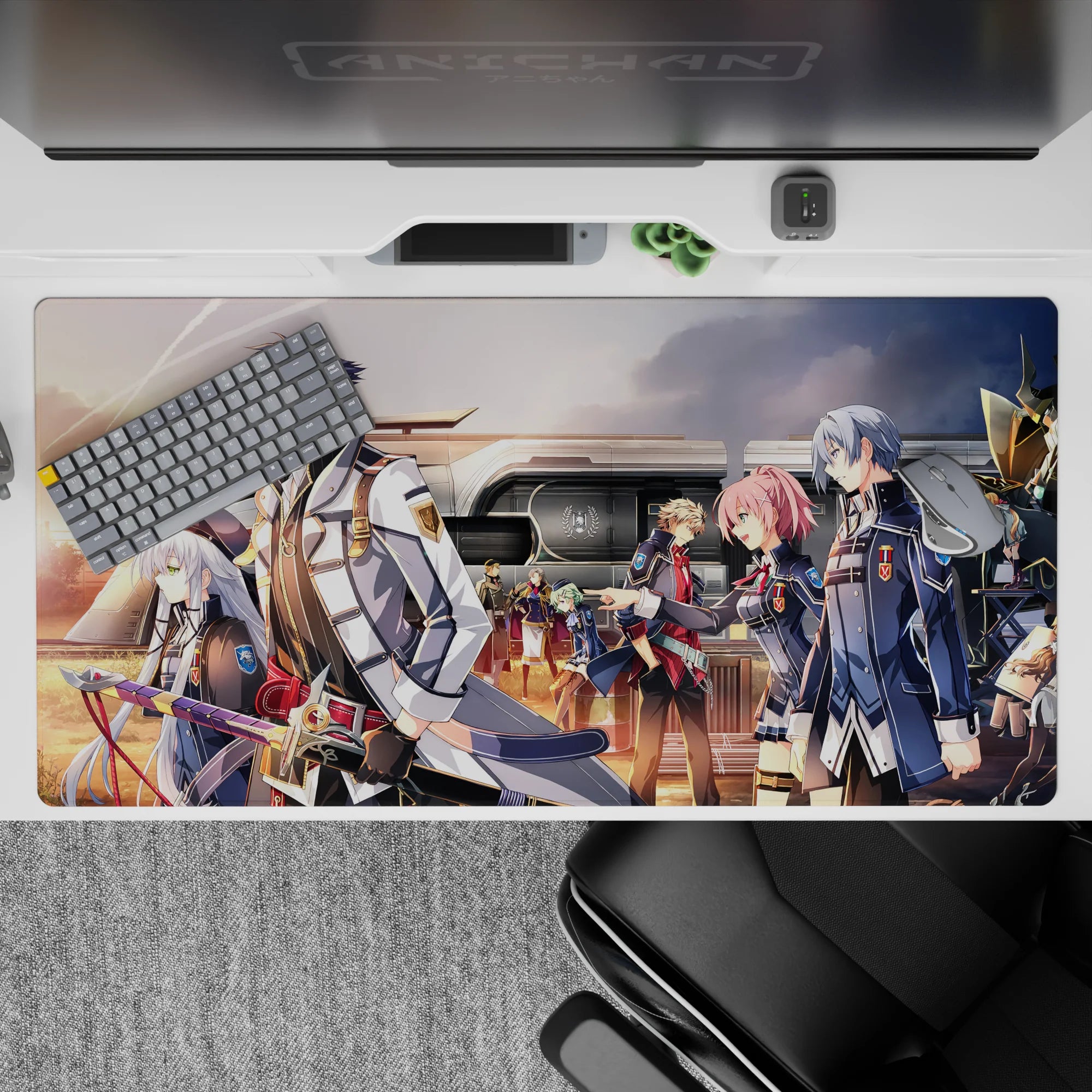 40x20 inches anime mouse pad in warm orange sunset glow with navy coats, steel trim, and pink hair accents.