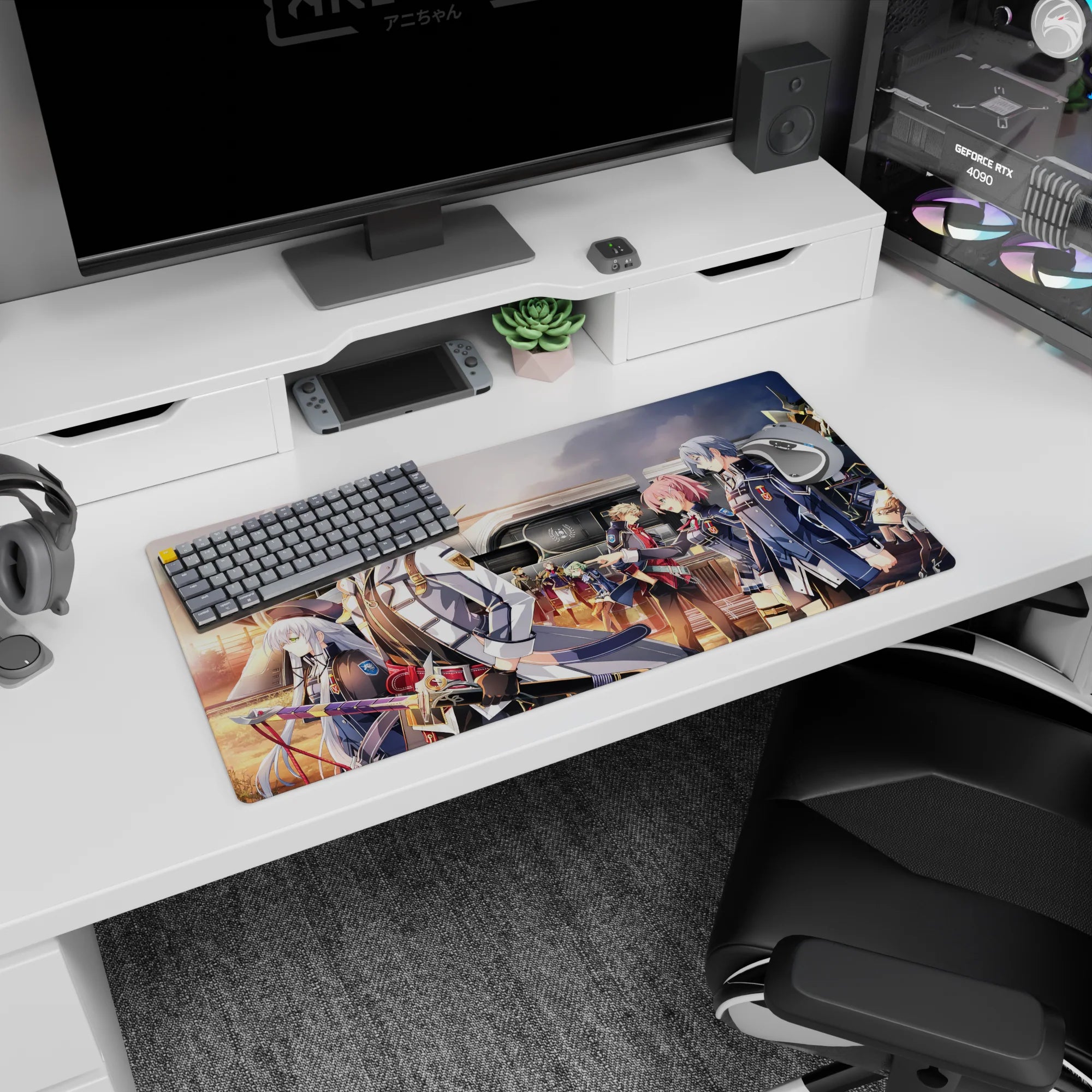 Anime mouse pad 32x16 inches showing a calm leader in white coat with friends by a sleek train at dusk.