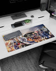 Anime mouse pad 32x16 inches showing a calm leader in white coat with friends by a sleek train at dusk.